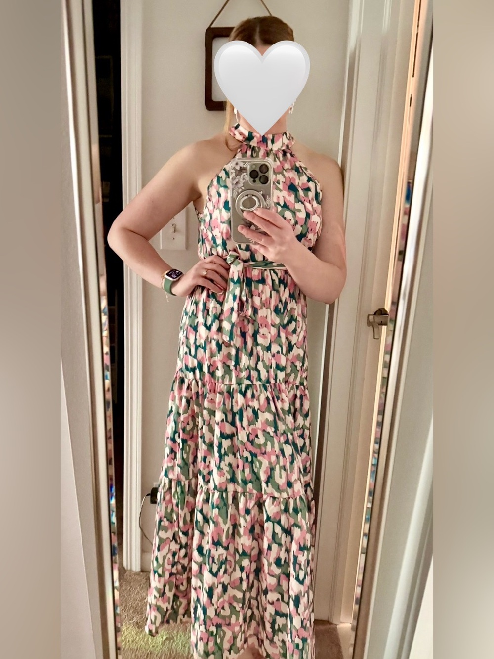Pink Green Abstract Print Halter Tiered Maxi Dress